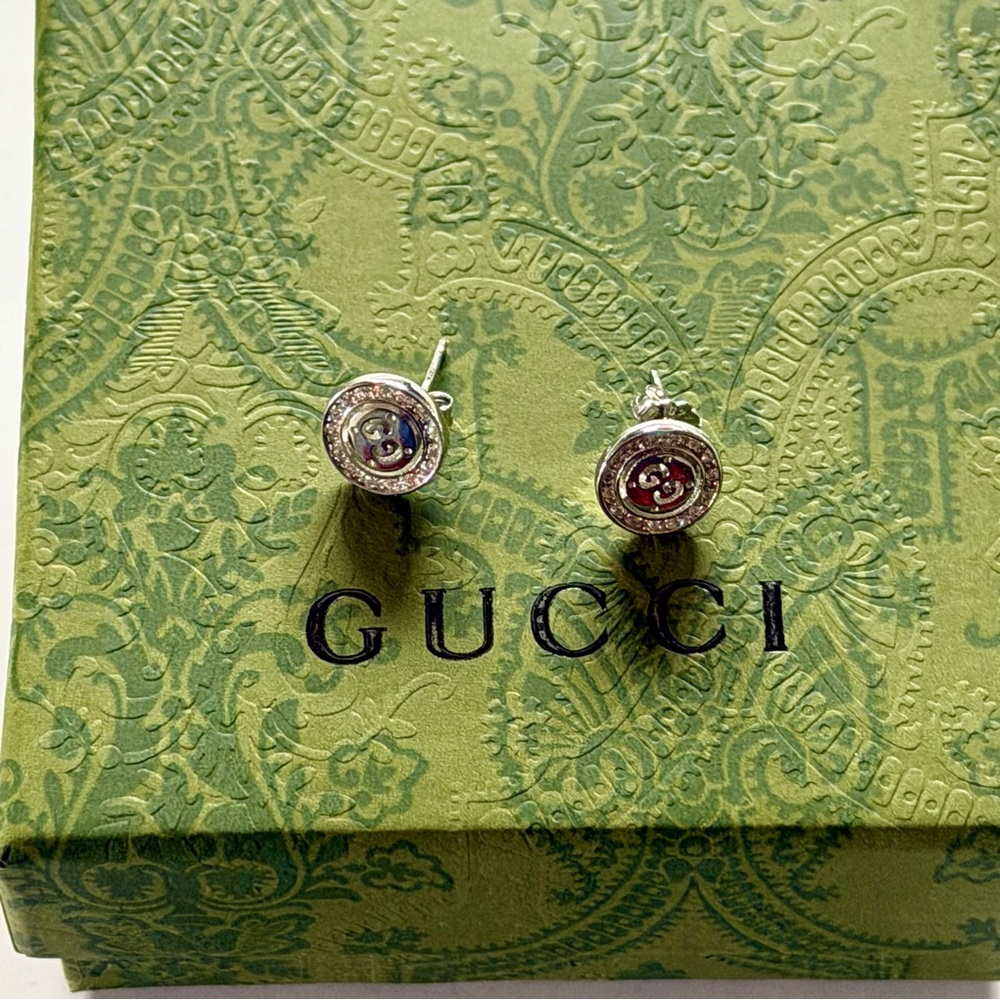 Gucci Interlocking G Crystal Earrings Sterling Silver Studs Authentic Gucci New - Picture 2 of 10